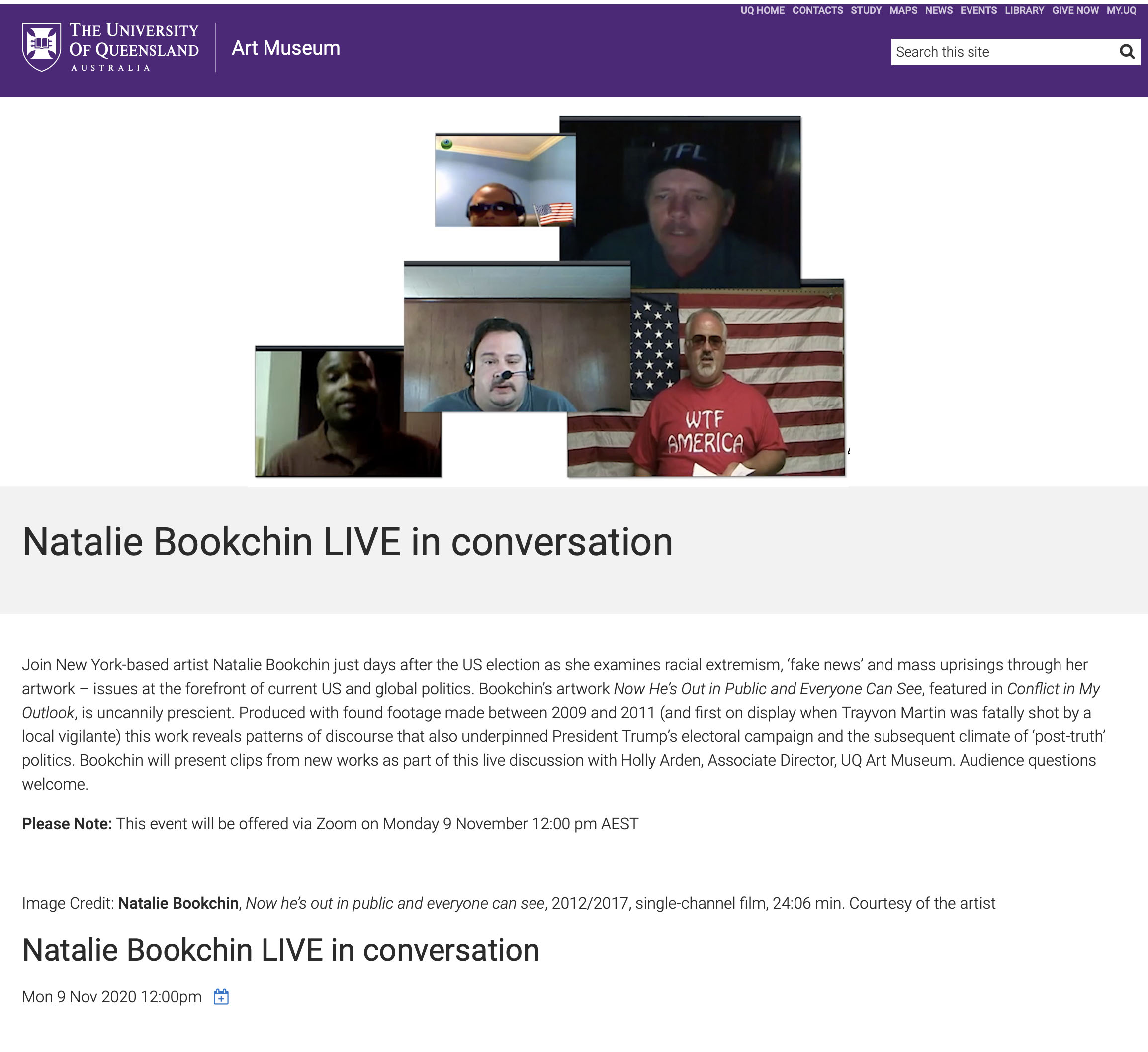 An invitation to a live conversation with Natalie Bookchin at the University of Queensland Art Museum 